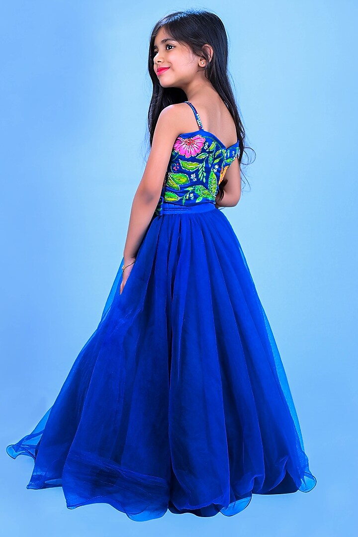 Blue Net Gathered Lehenga Set For Girls by Lakshmi Reddy at Pernia's Pop Up Shop