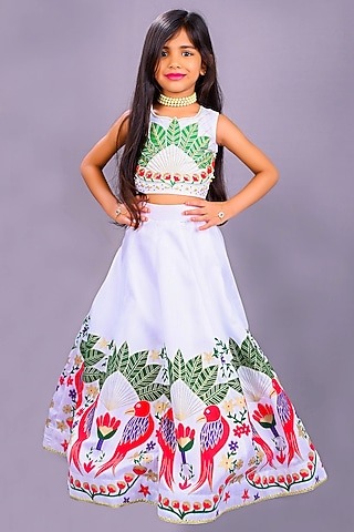 White Raw Silk Printed & Embroidered Lehenga Set For Girls by Lakshmi Reddy