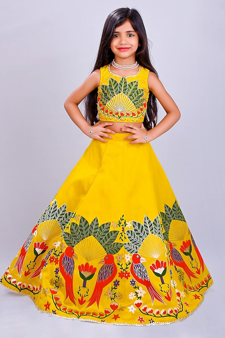 Yellow Raw Silk Printed & Embroidered Lehenga Set For Girls by Lakshmi Reddy