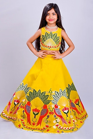 Yellow Raw Silk Printed & Embroidered Lehenga Set For Girls by Lakshmi Reddy