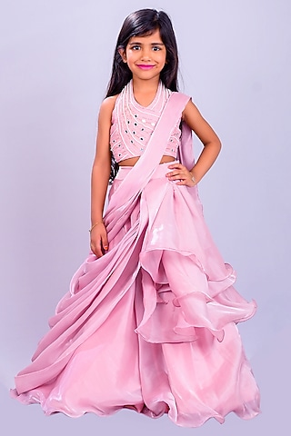 Peach Glass Organza Embroidered Draped Lehenga Set For Girls by Lakshmi Reddy