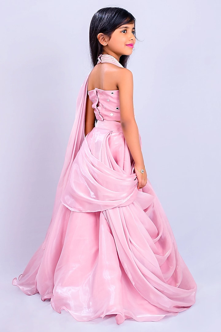 Peach Glass Organza Embroidered Draped Lehenga Set For Girls by Lakshmi Reddy at Pernia's Pop Up Shop