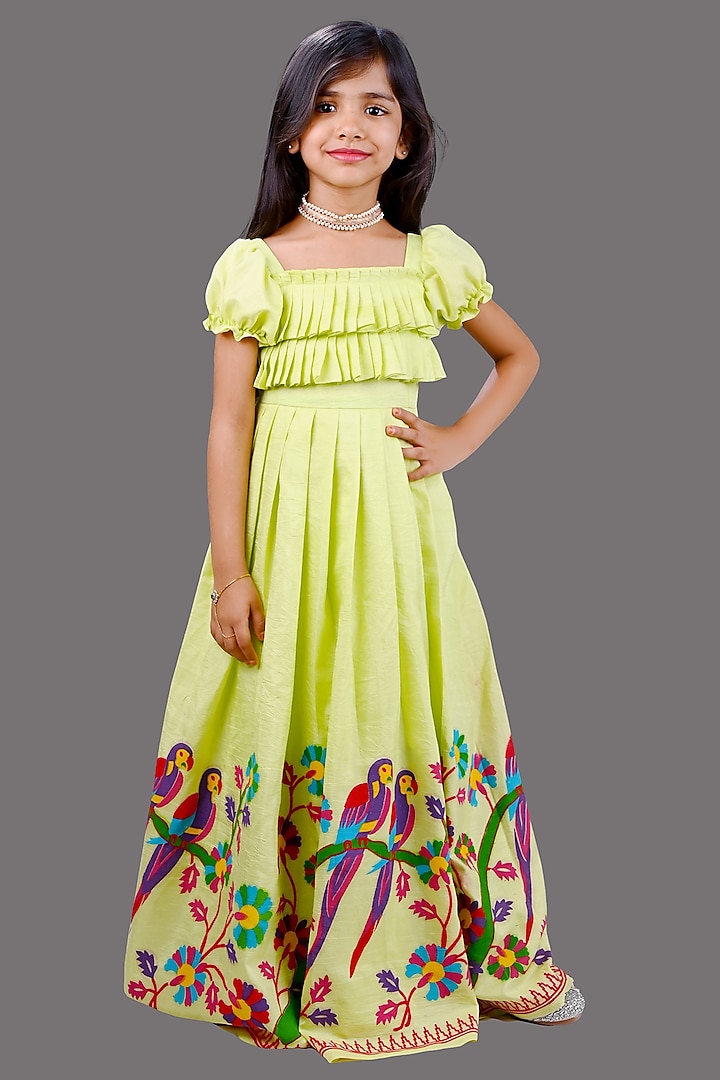 Green Roman Silk Printed Long Dress For Girls by Lakshmi Reddy