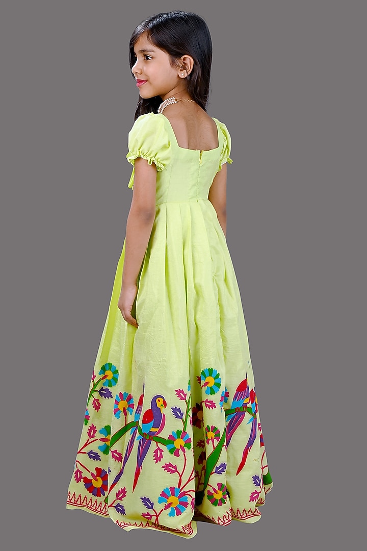 Green Roman Silk Printed Long Dress For Girls by Lakshmi Reddy at Pernia's Pop Up Shop