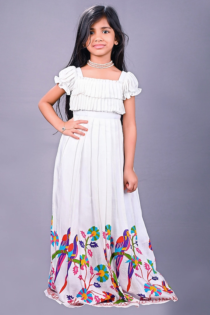 White Satin Raw Silk Printed Long Dress For Girls by Lakshmi Reddy