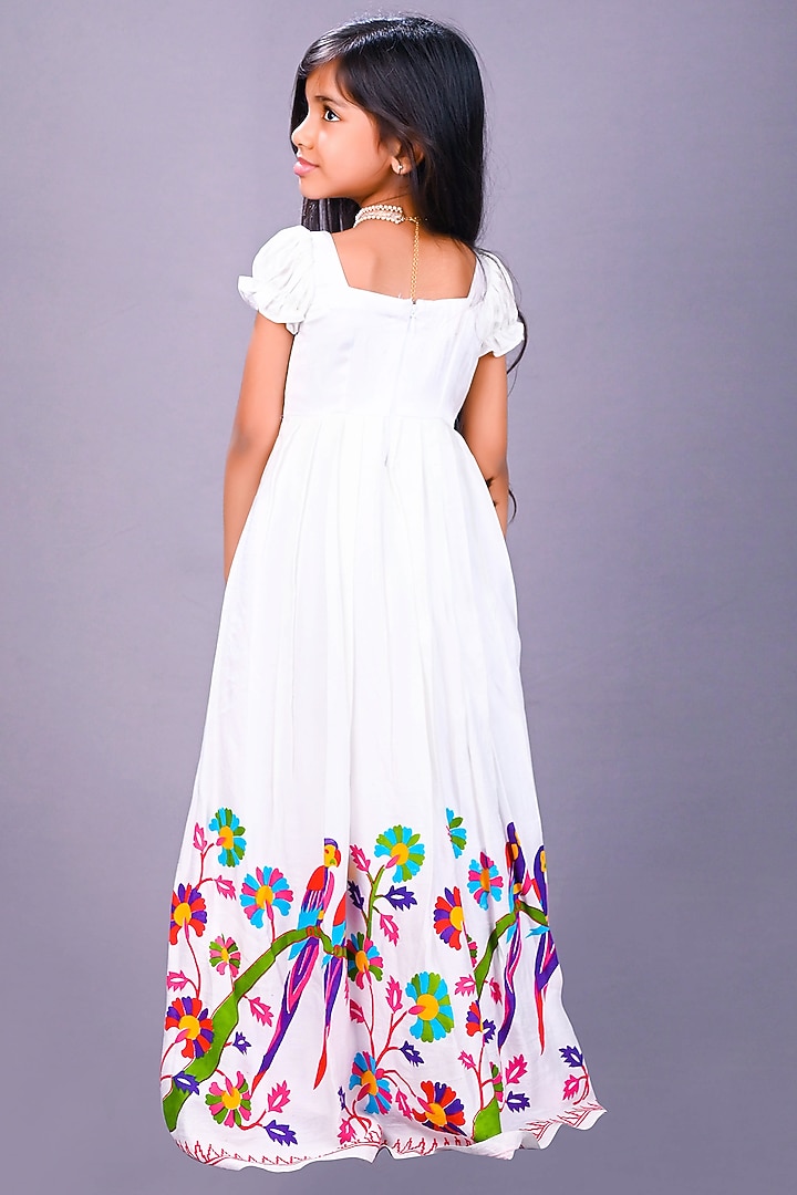 White Satin Raw Silk Printed Long Dress For Girls by Lakshmi Reddy at Pernia's Pop Up Shop