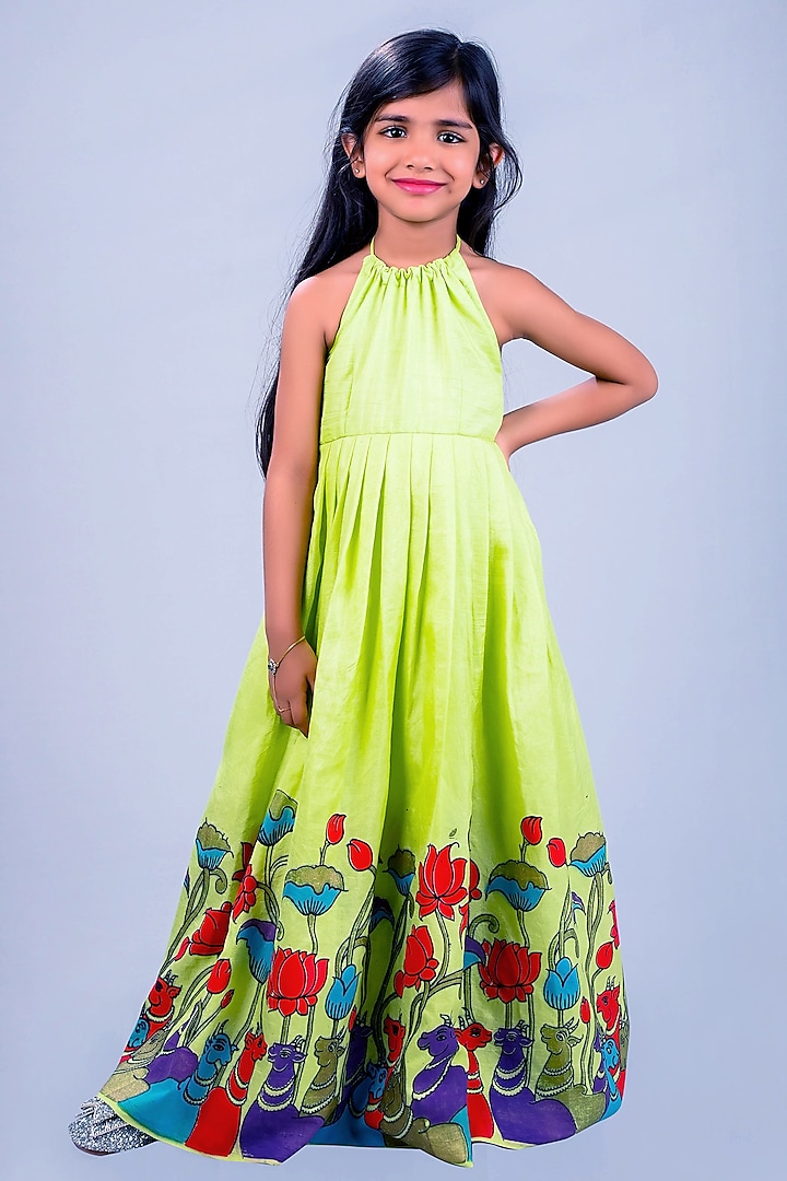 Green Roman Silk Printed Long Dress For Girls by Lakshmi Reddy