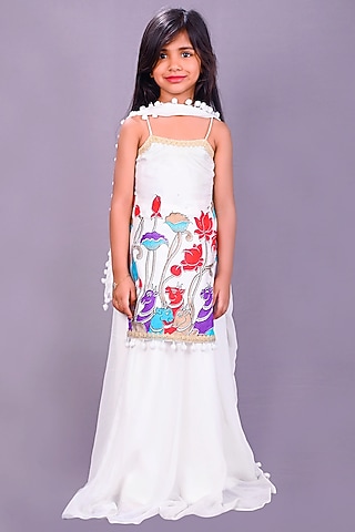 White Satin Raw Silk Sharara Set For Girls by Lakshmi Reddy