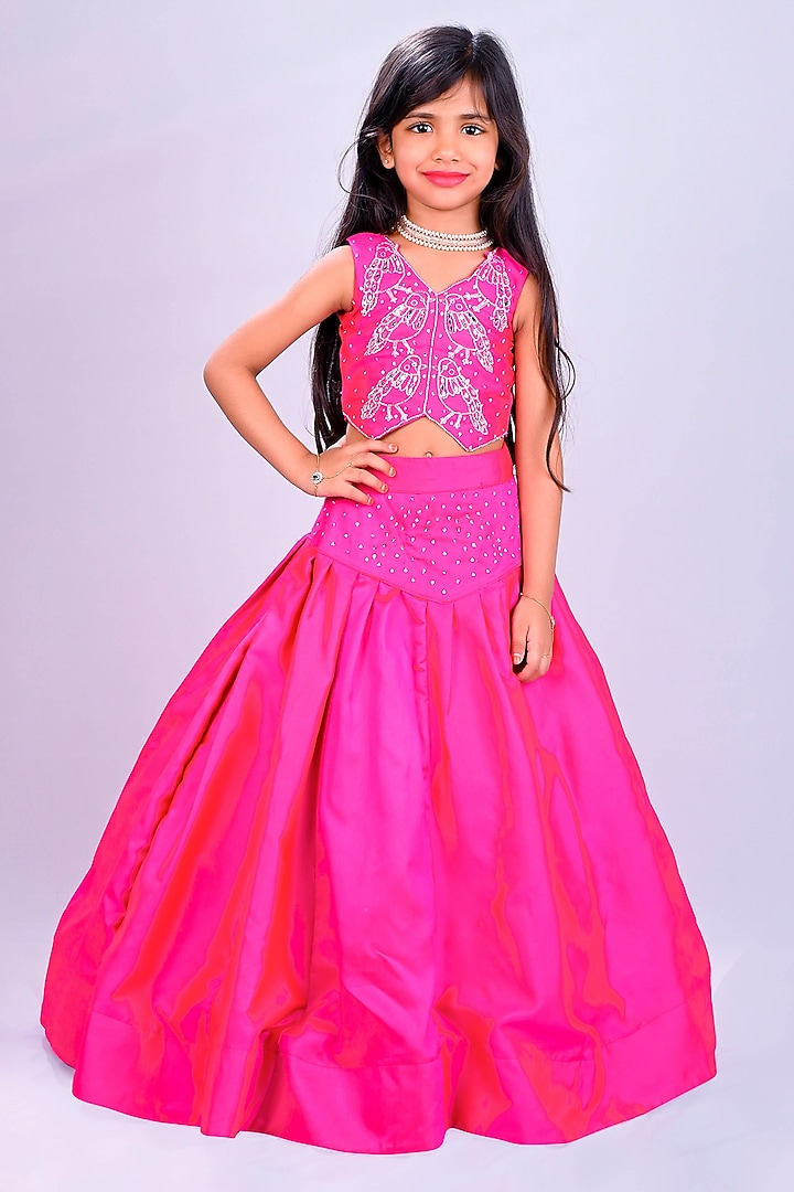 Rani pink Taffeta Silk Motifs Embroidered Lehenga Set For Girls by Lakshmi Reddy at Pernia's Pop Up Shop