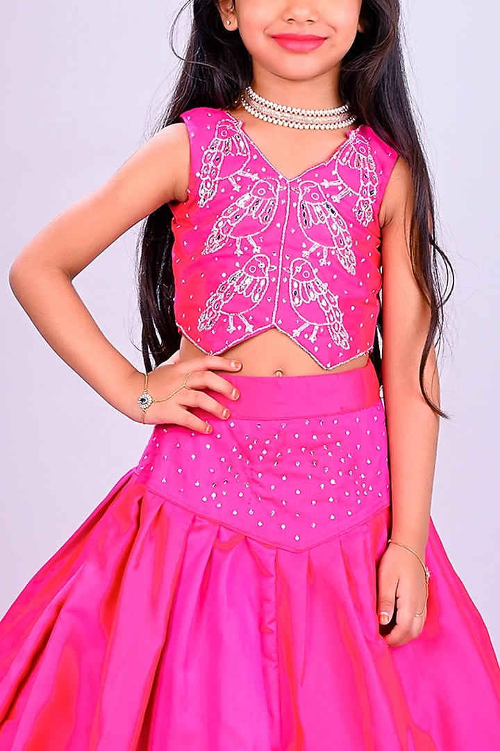 Rani pink Taffeta Silk Motifs Embroidered Lehenga Set For Girls by Lakshmi Reddy at Pernia's Pop Up Shop