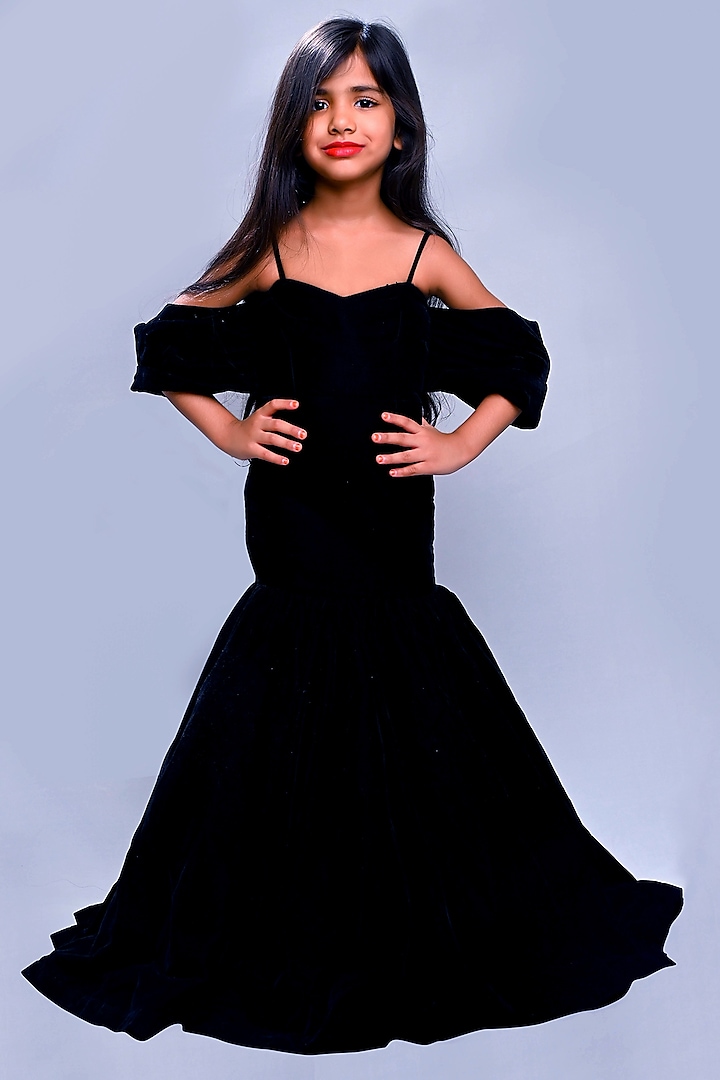 Black Velvet Off-Shoulder Mermaid Gown For Girls by Lakshmi Reddy