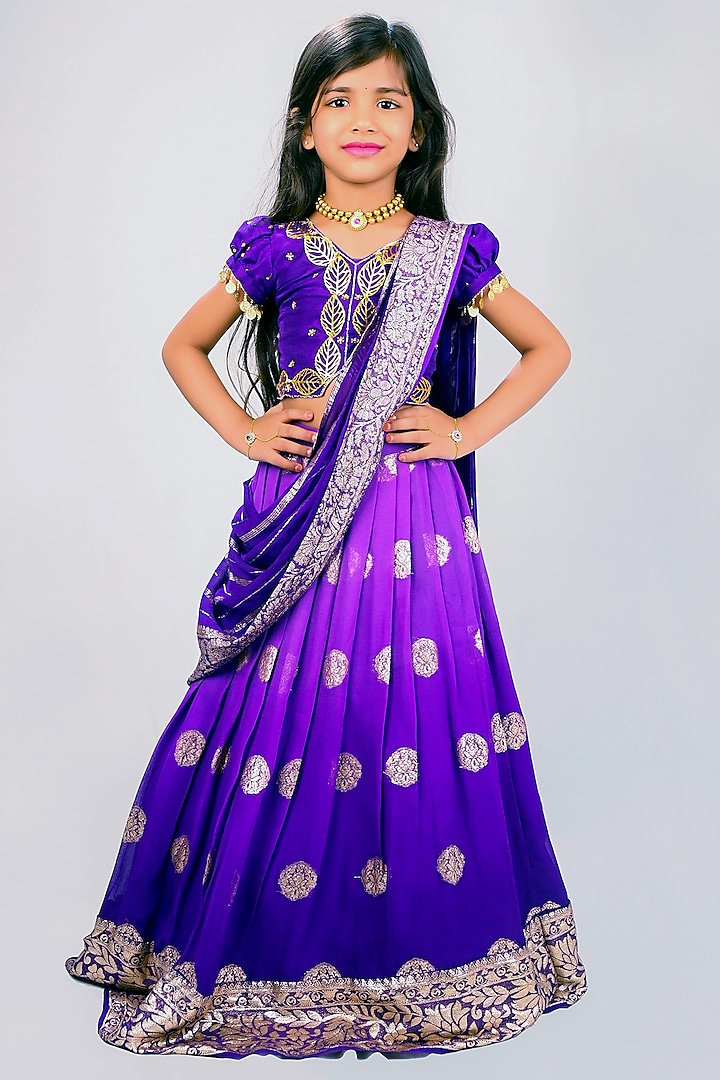 Purple Georgette Zari Embellished Ombre Lehenga Set For Girls by Lakshmi Reddy at Pernia's Pop Up Shop