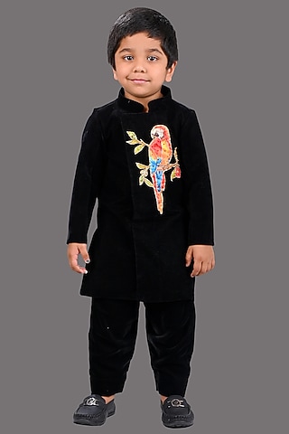 Black Velvet Motifs Sherwani Set For Girls by Lakshmi Reddy