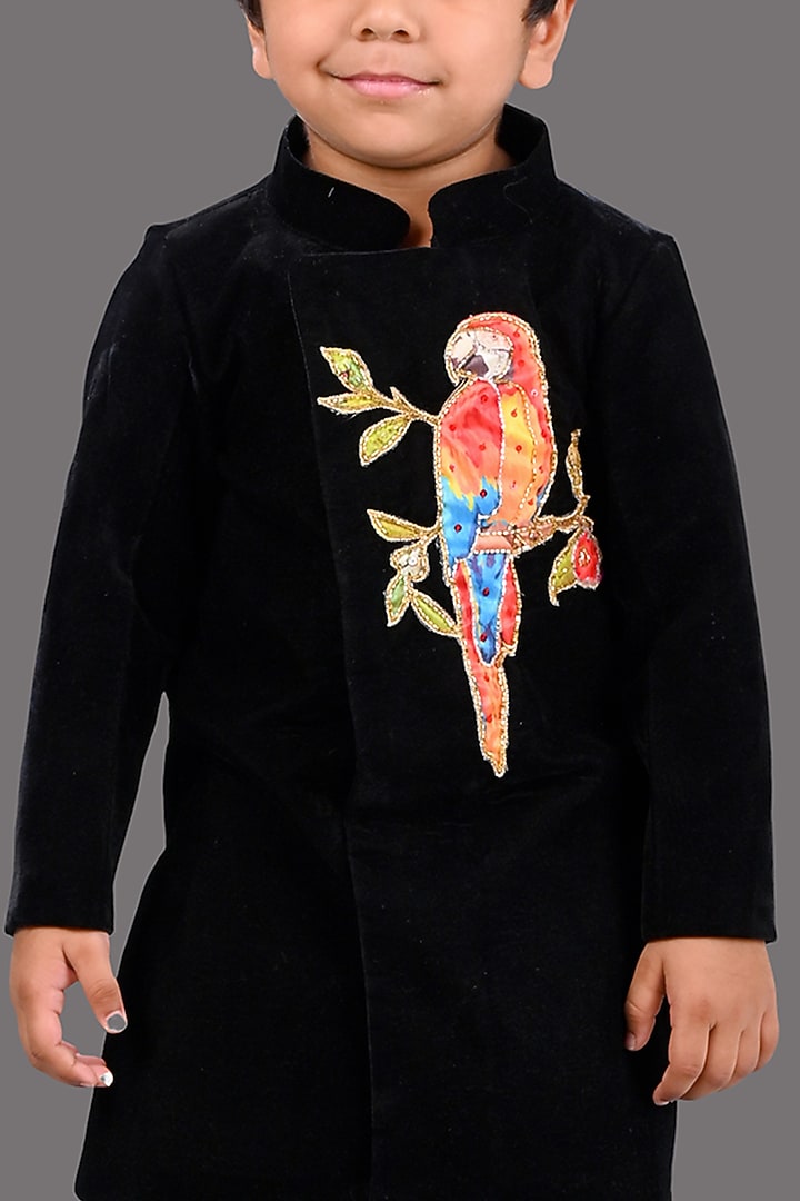 Black Velvet Motifs Sherwani Set For Girls by Lakshmi Reddy at Pernia's Pop Up Shop
