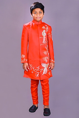 Red Satin Raw Silk Motifs Sherwani Set For boys by Lakshmi Reddy