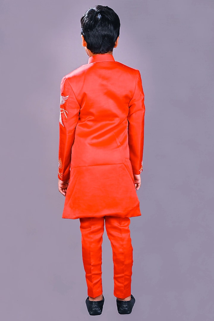 Red Satin Raw Silk Motifs Sherwani Set For boys by Lakshmi Reddy at Pernia's Pop Up Shop