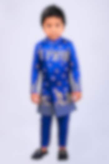 Blue Satin Raw Silk Sherwani Set For boys by Lakshmi Reddy