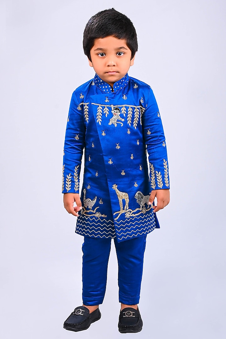Blue Satin Raw Silk Sherwani Set For boys by Lakshmi Reddy