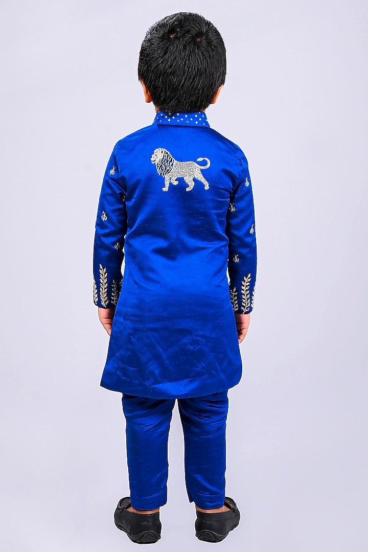 Blue Satin Raw Silk Sherwani Set For boys by Lakshmi Reddy at Pernia's Pop Up Shop