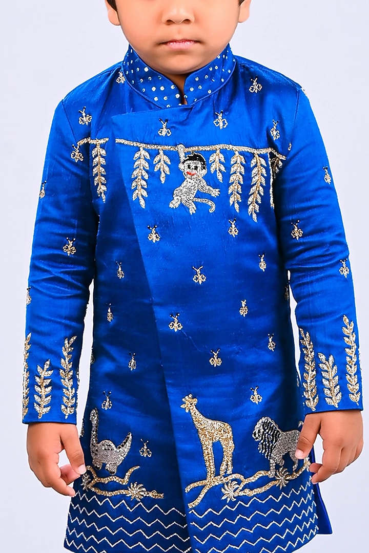 Blue Satin Raw Silk Sherwani Set For boys by Lakshmi Reddy at Pernia's Pop Up Shop