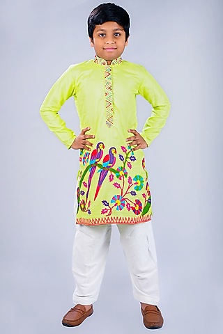 Green Satin Raw Silk & Cotton Printed Kurta Set For Boys by Lakshmi Reddy