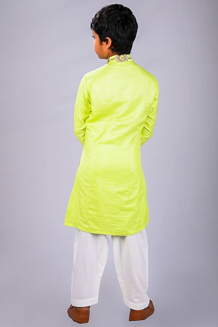 Green Satin Raw Silk & Cotton Printed Kurta Set For Boys by Lakshmi Reddy at Pernia's Pop Up Shop
