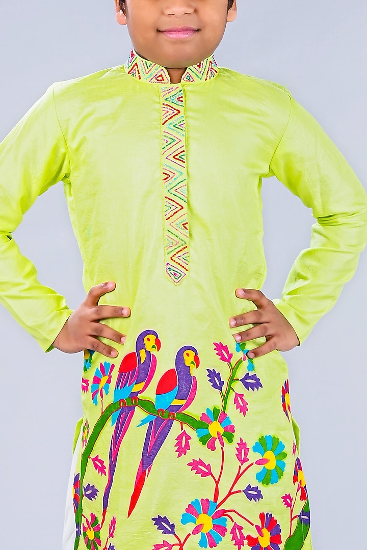 Green Satin Raw Silk & Cotton Printed Kurta Set For Boys by Lakshmi Reddy at Pernia's Pop Up Shop