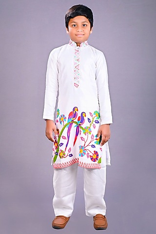 White Satin Raw Silk & Cotton Printed Kurta Set For Boys by Lakshmi Reddy