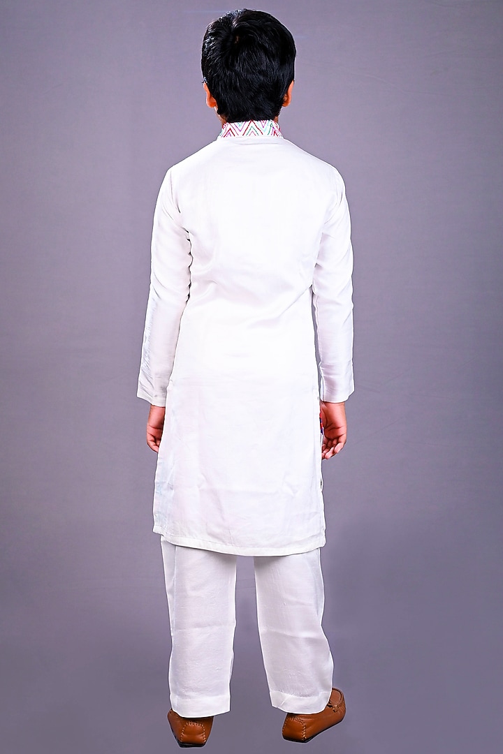 White Satin Raw Silk & Cotton Printed Kurta Set For Boys by Lakshmi Reddy at Pernia's Pop Up Shop