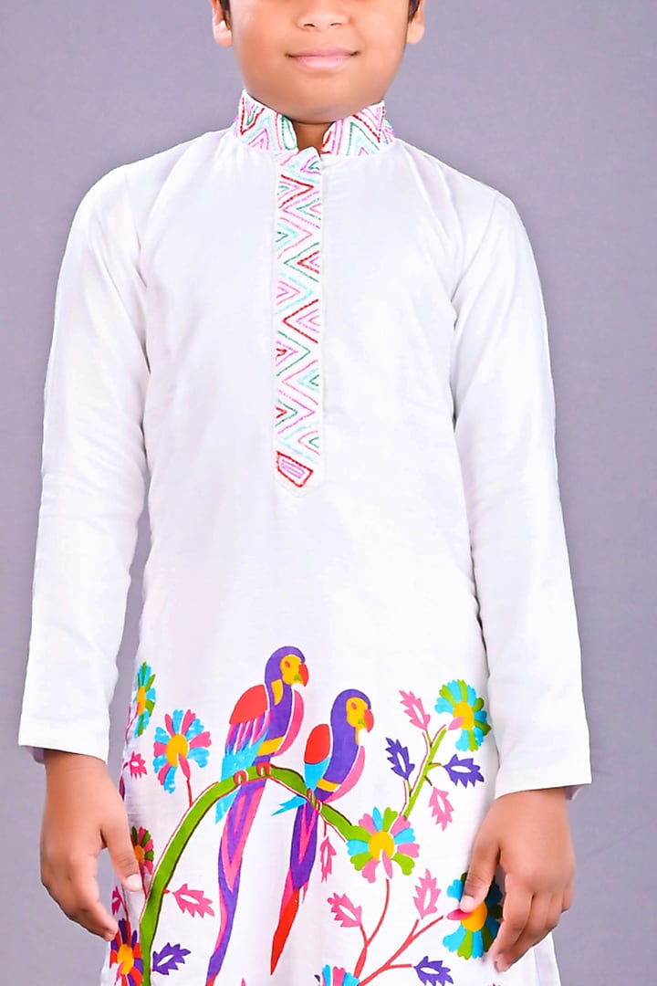 White Satin Raw Silk & Cotton Printed Kurta Set For Boys by Lakshmi Reddy at Pernia's Pop Up Shop