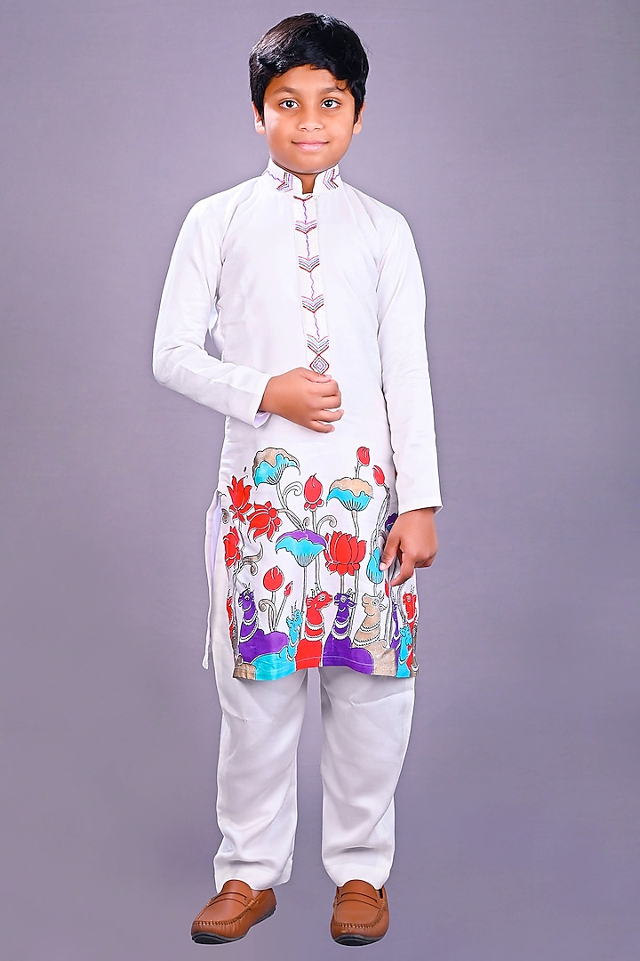 White Satin Raw Silk & Cotton Animal Printed Kurta Set For Boys by Lakshmi Reddy