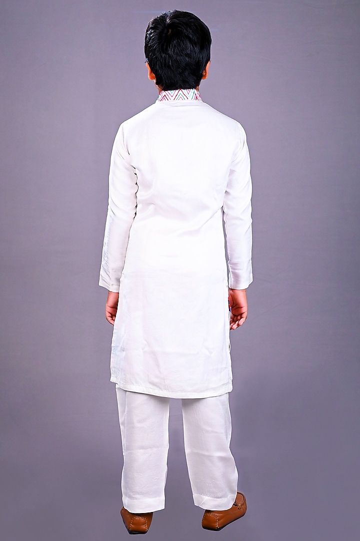 White Satin Raw Silk & Cotton Animal Printed Kurta Set For Boys by Lakshmi Reddy at Pernia's Pop Up Shop