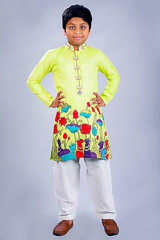 Green Satin Raw Silk & Cotton Animal Printed Kurta Set For Boys by Lakshmi Reddy