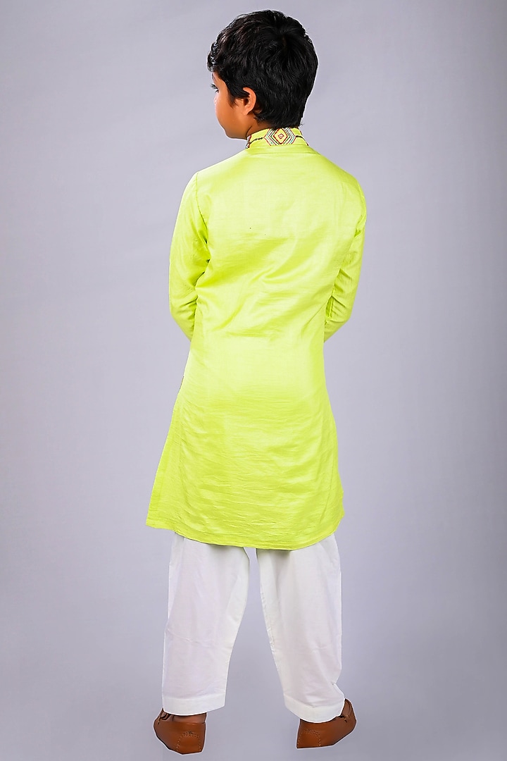 Green Satin Raw Silk & Cotton Animal Printed Kurta Set For Boys by Lakshmi Reddy at Pernia's Pop Up Shop