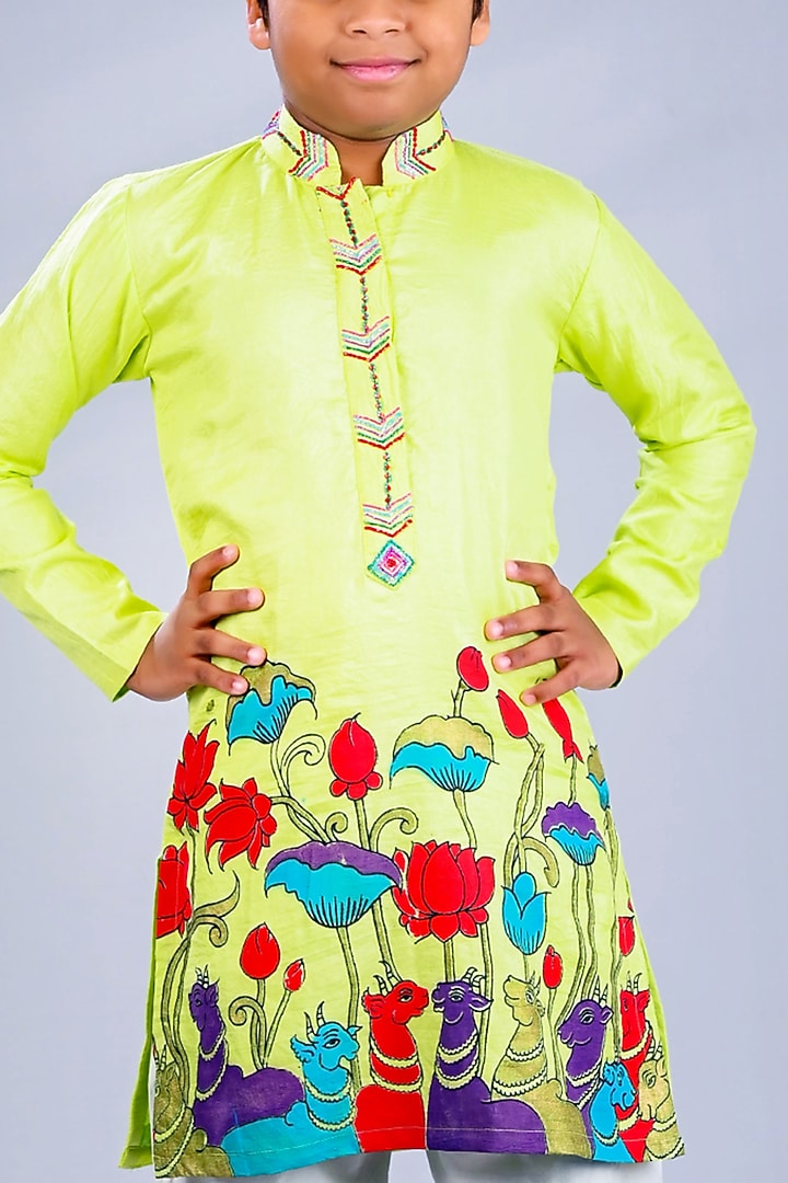 Green Satin Raw Silk & Cotton Animal Printed Kurta Set For Boys by Lakshmi Reddy at Pernia's Pop Up Shop