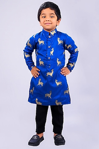 Blue Roman Silk & Cotton Animal Printed Kurta Set For Boys by Lakshmi Reddy