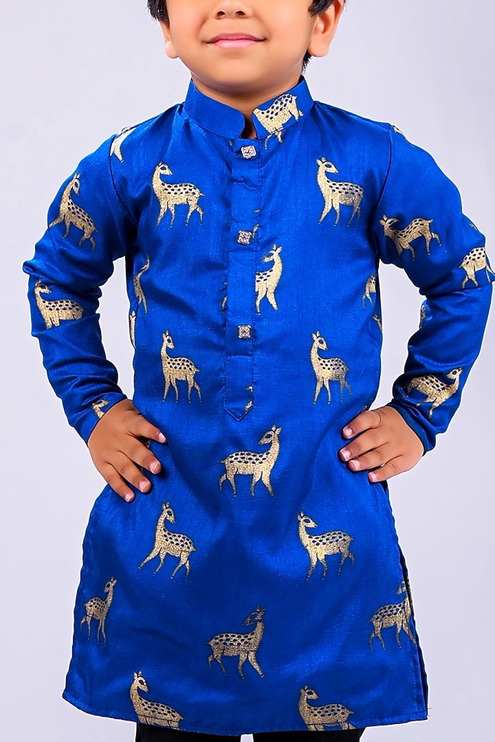 Blue Roman Silk & Cotton Animal Printed Kurta Set For Boys by Lakshmi Reddy at Pernia's Pop Up Shop