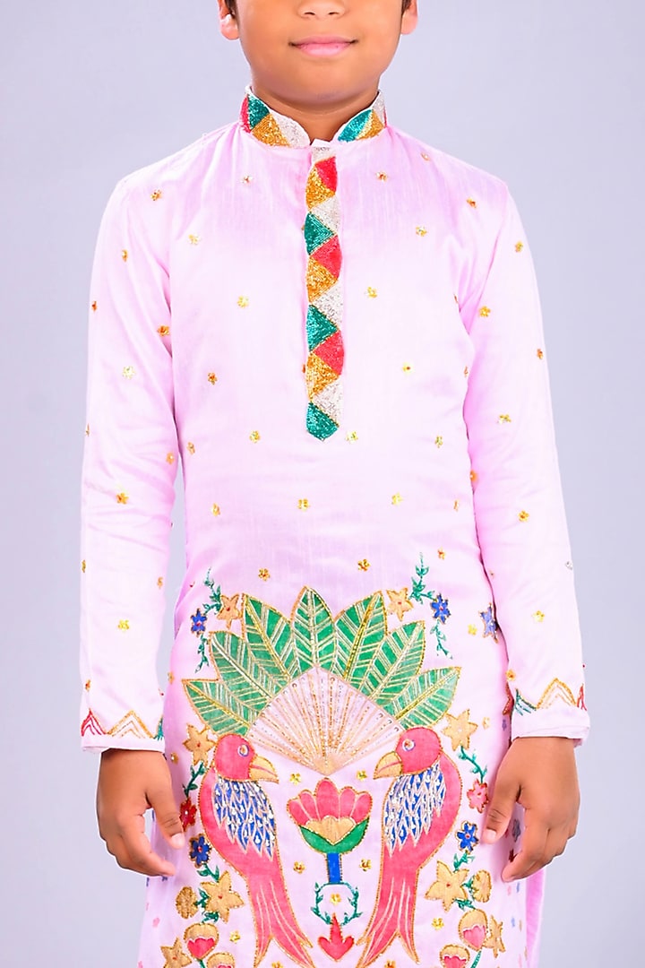 Baby pink Roman Silk Printed & Embroidered Kurta Set For Boys by Lakshmi Reddy at Pernia's Pop Up Shop