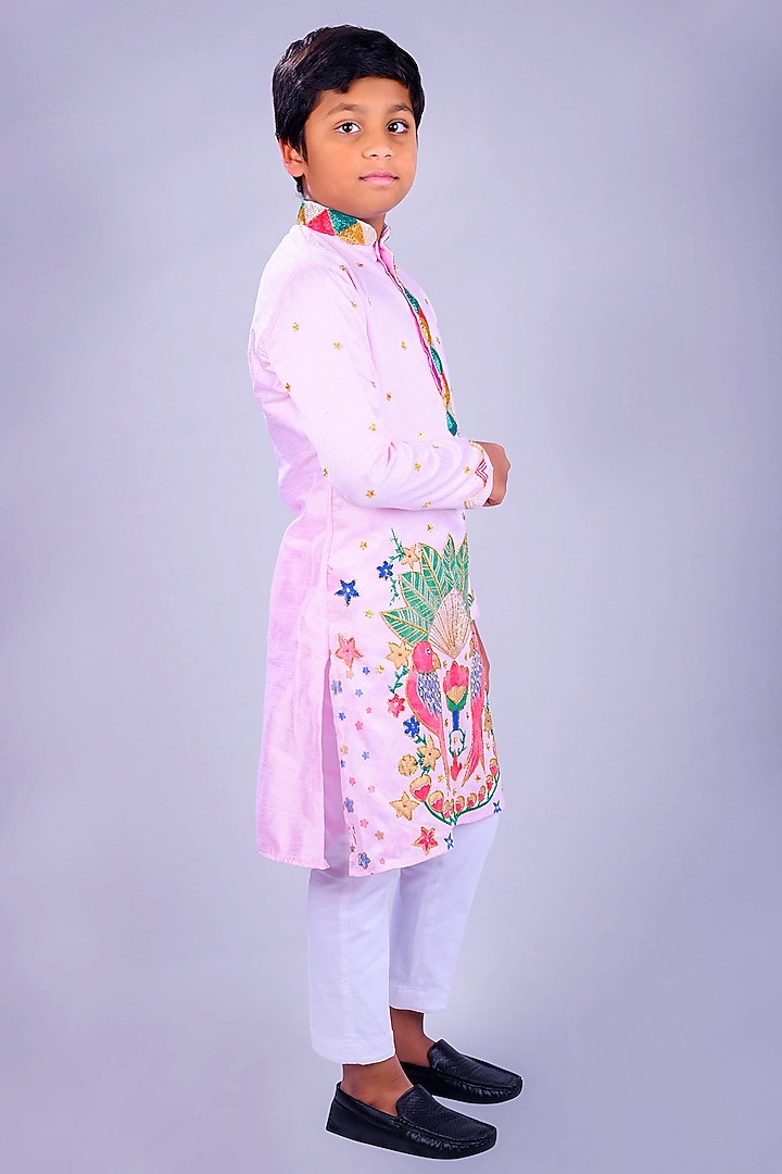 Baby pink Roman Silk Printed & Embroidered Kurta Set For Boys by Lakshmi Reddy at Pernia's Pop Up Shop