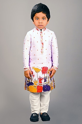 Lavender Satin Raw Silk & Cotton Animal Printed Kurta Set For Boys by Lakshmi Reddy