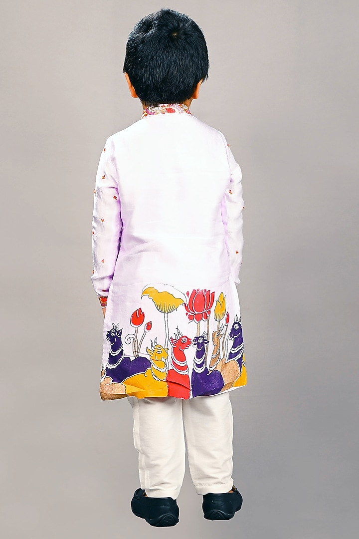 Lavender Satin Raw Silk & Cotton Animal Printed Kurta Set For Boys by Lakshmi Reddy at Pernia's Pop Up Shop