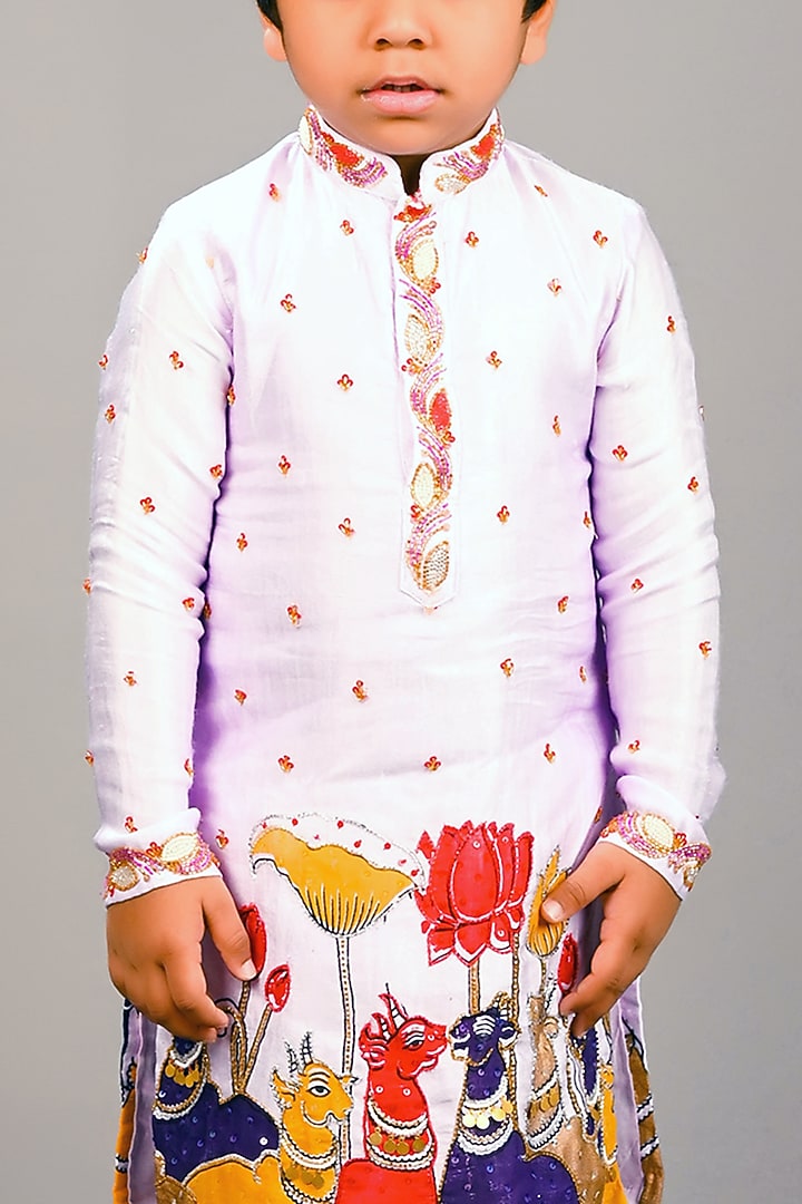 Lavender Satin Raw Silk & Cotton Animal Printed Kurta Set For Boys by Lakshmi Reddy at Pernia's Pop Up Shop