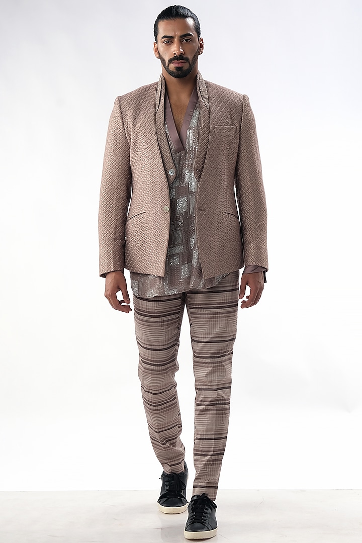 Taupe Brown Cotton Silk & Georgette Resham Embroidered Jacket Set by Kommal Sood