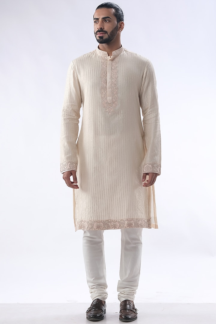 Light Peach Chanderi & Cotton Silk Embroidered Kurta Set by Kommal Sood