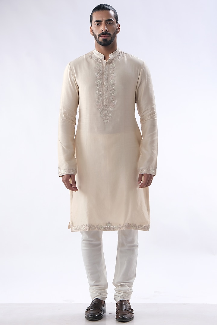 Beige Cotton Silk & Chanderi Embroidered Kurta Set by Kommal Sood