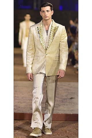 Golden Beige Velvet Hand Embroidered Tuxedo Set by Kommal Sood