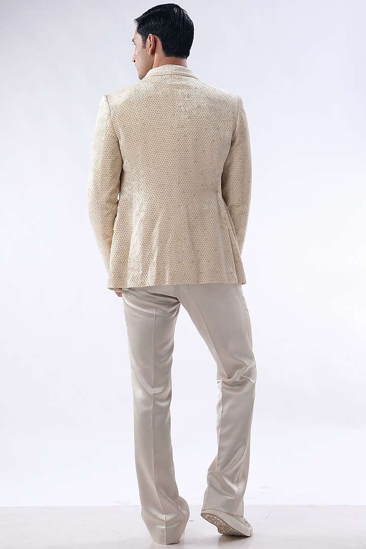 Golden Beige Velvet Hand Embroidered Tuxedo Set by Kommal Sood at Pernia's Pop Up Shop