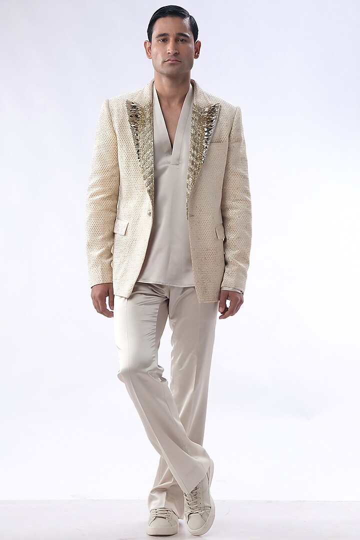 Golden Beige Velvet Hand Embroidered Tuxedo Set by Kommal Sood at Pernia's Pop Up Shop