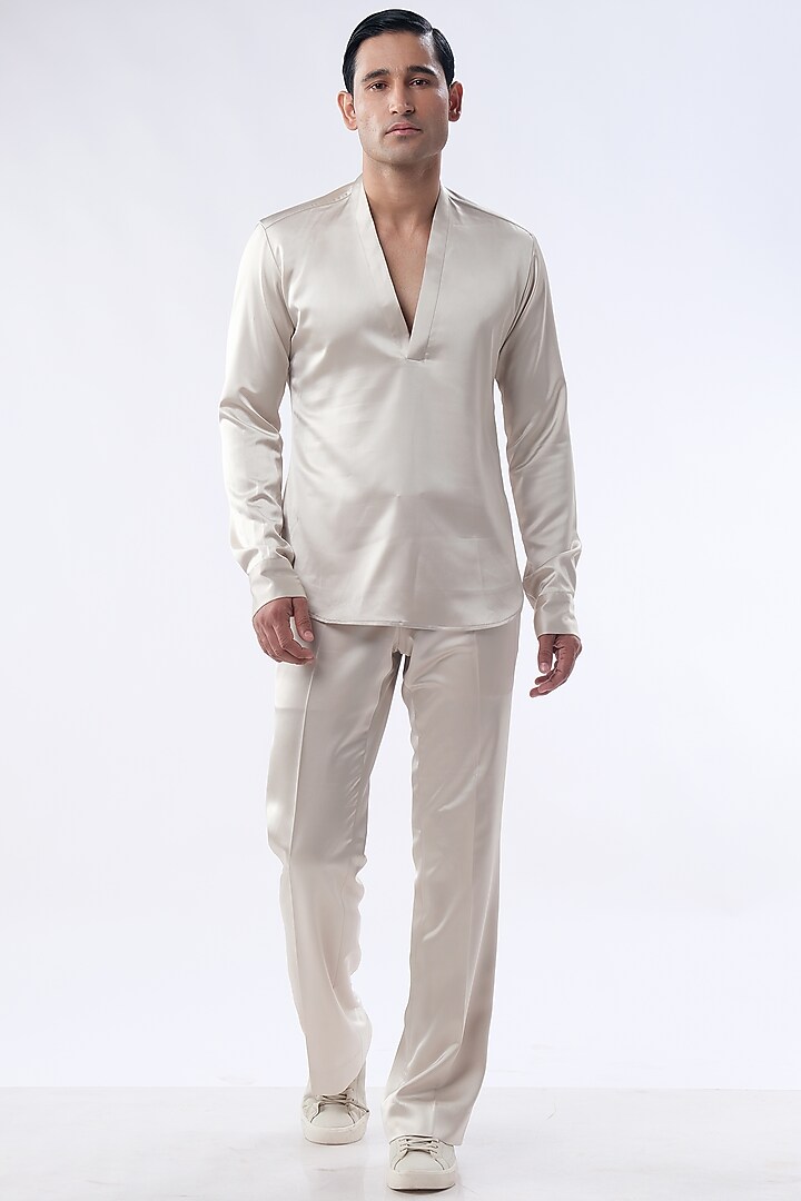 Golden Beige Velvet Hand Embroidered Tuxedo Set by Kommal Sood at Pernia's Pop Up Shop