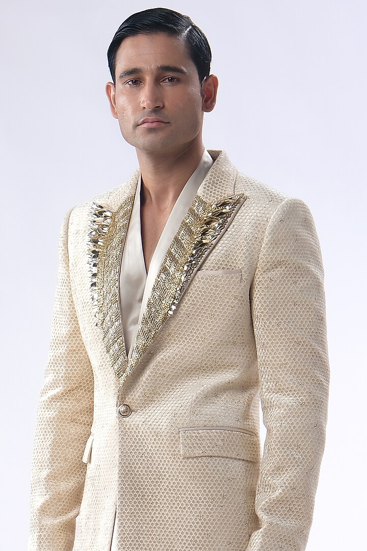 Golden Beige Velvet Hand Embroidered Tuxedo Set by Kommal Sood at Pernia's Pop Up Shop